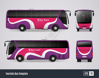 现实主义风格的旅游巴士模板旅游巴士模板现实风格与彩色视图正,背,右左侧矢量插图图片