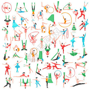 体操芭蕾大套体操芭蕾舞大集合,包括舞者,空中艺术家,杂技,女孩,用运动工具,矢量插图背景图片