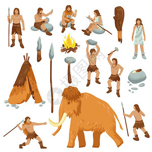 动物人原始人平卡通图标原始人用石器时代的工具石器时代的工具古代动物矢量插图插画