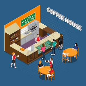 咖啡屋等距成分咖啡屋等距构图与咖啡师后的柜台服务员客户蓝色纹理背景矢量插图图片