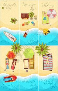 暑假海报套暑假套海报顶部景观与海岸,船只,棕榈树,海滩元素矢量插图图片