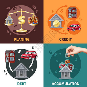 债务信用4平图标借方贷方余额簿记预算计划4平信息图元素图标正方形成孤立向量插图图片
