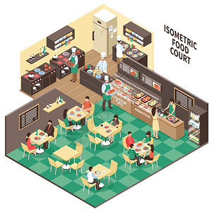 等距快餐店内部食品法庭成与欧洲亚洲餐厅房间的等距内部游客厨房与人矢量插图背景图片