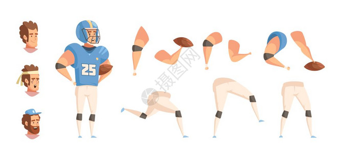 橄榄球运动员棒球运动员构造器运动员建设者复古卡通与平男球运动员人物统的头,手腿矢量插图插画