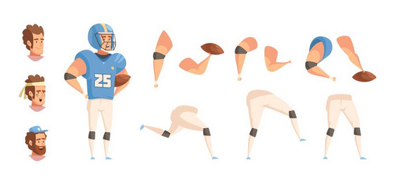 棒球运动员构造器运动员建设者复古卡通与平男球运动员人物统的头,手腿矢量插图图片