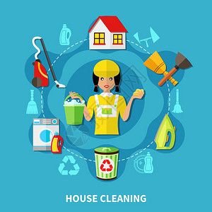 清洁屋圆形构图涂鸦风格的背景与圆形成的Charwan字符平图标的房屋清洁设施矢量插图图片