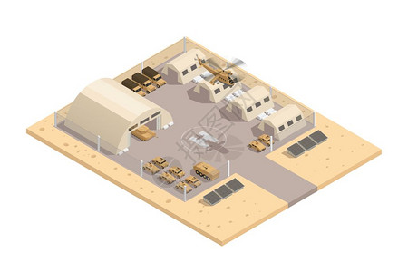 锯东成米色事等距成米色事等距构图与直升机停机坪停车守卫区域矢量插图插画