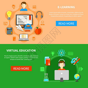 学横幅套两个水平的e学横幅虚拟教育标题按钮阅读更多的矢量插图图片