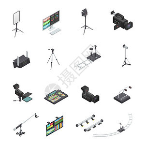 广播设备图标套16个独立的视频电视广播演播室设备等距图标,包括相机照明矢量插图图片
