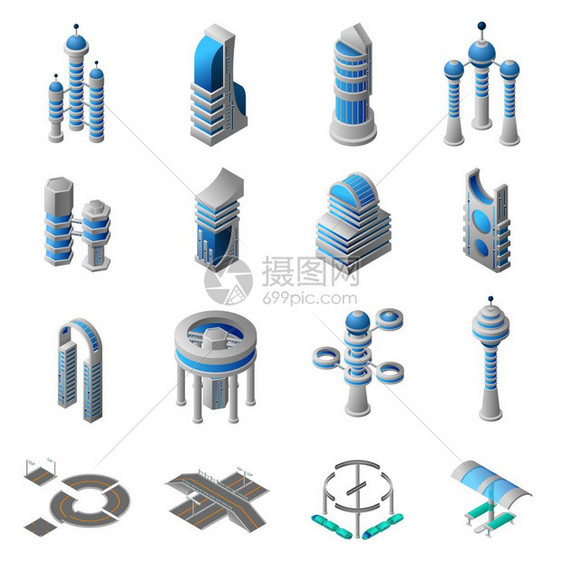 未来城市等距图标未来城市等距图标集建筑的未来主义建筑建筑孤立矢量插图图片