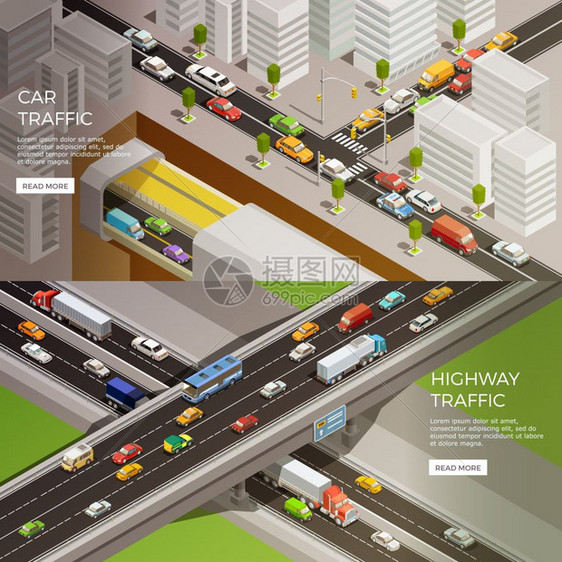 城市高速公路横幅道路元素等距横幅与城市风景公路汽车图像与阅读更多按钮矢量插图图片
