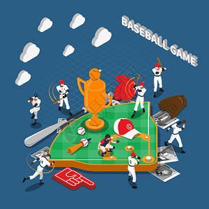 棒球比赛等距构图棒球比赛等距构图与球员的照片,运动设备属蓝色背景矢量插图图片