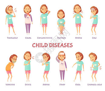 婴儿疾病症状设定人物卡通女孩焦虑同的儿童疾病症状与适当的文本标题矢量插图图片