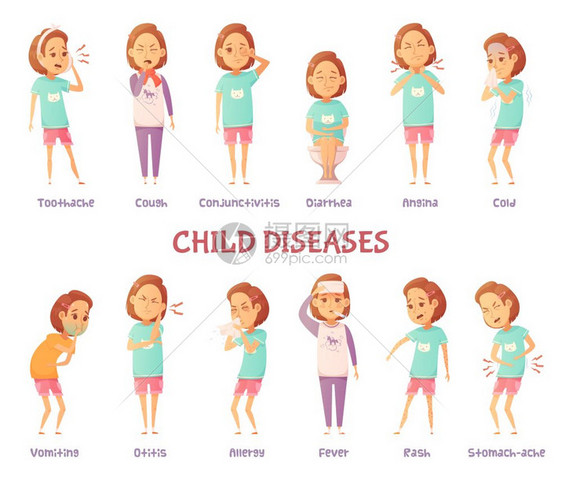 婴儿疾病症状设定人物卡通女孩焦虑同的儿童疾病症状与适当的文本标题矢量插图图片