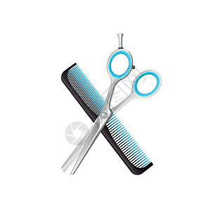 交叉梳子剪刀成交叉的黑色梳子剪刀成,用于白色背景矢量插图上用蓝色元素细化图片