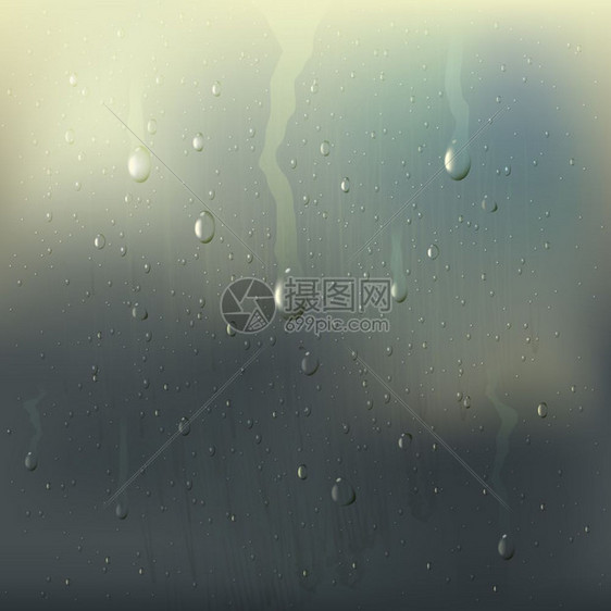 雾状湿璃滴落现实的成分彩色雾湿璃滴现实的构图与雨渍窗口矢量插图图片