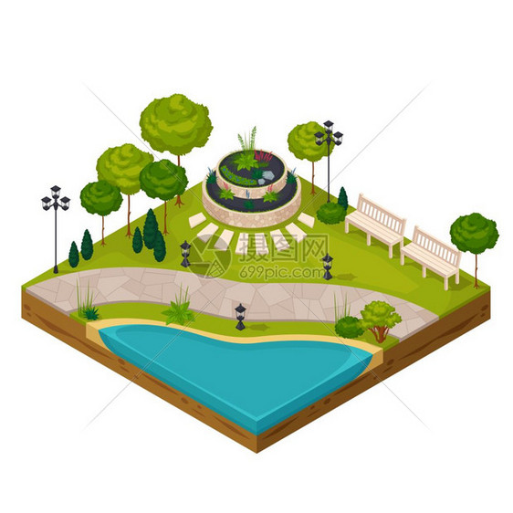 公园景观的等距片段公园景观建设者的等距片段与池塘花坛长椅路灯树木矢量插图图片