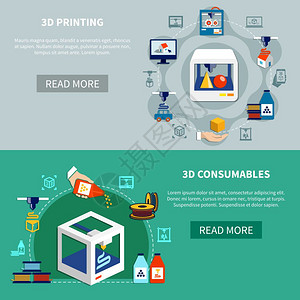 原型水平横幅与3D打印过程原型水平横幅装饰图标3D打印过程打印机细节消耗品平矢量插图图片