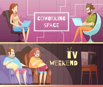 久坐的生活方式复古卡通横幅久坐的生活方式复古卡通水平横幅与坐着的工作沉重的人附近的电视孤立矢量插图图片