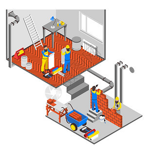 内部维修成内部维修等距成与工人设备油漆矢量插图图片
