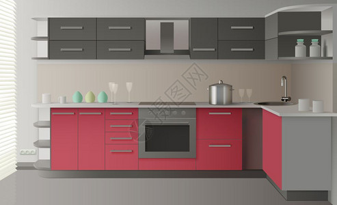 现代厨房内部彩色现实的现代厨房内部与抽屉货架,烤箱,浅色矢量插图图片