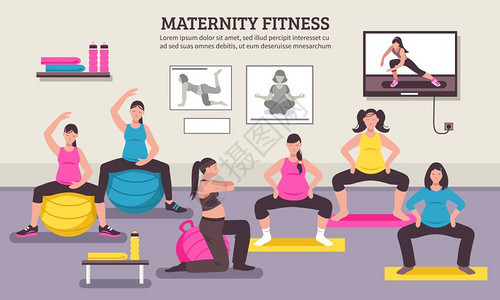 产妇健身平海报孕妇体健身平海报与氧肌肉平衡练孕妇矢量插图图片