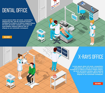 牙科解决方案横幅牙医水平横幅等距室内成的牙科手术内部与阅读更多按钮矢量插图图片