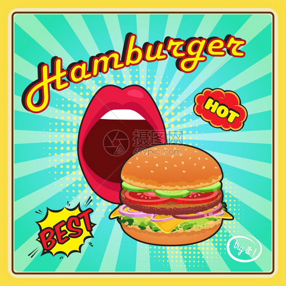 漫画风格的汉堡包海报海报的漫画风格与汉堡包女张嘴蓝色流行艺术背景矢量插图图片