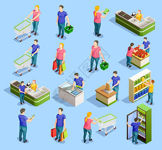 超市等距元素收集等距的人购物集的人的角色与手推车,橱柜,货架结帐站矢量插图图片