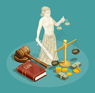 等距律等距与雕像法律正义金钱的其他符号三维矢量插图背景图片