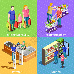 人们购物等距男女超市购物,2x2孤立于彩色背景下的三维等距矢量插图图片