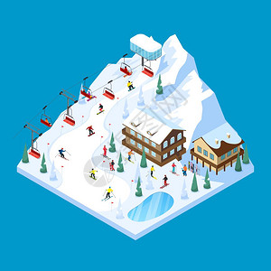 滑雪山等距景观滑雪胜地平铺等距景观与Piste房屋桩绳道滑雪者数字矢量插图图片