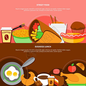 街头食品企业午餐平横幅街头食品健康商务午餐2平横幅与鸡肉煎蛋咖啡孤立矢量插图图片