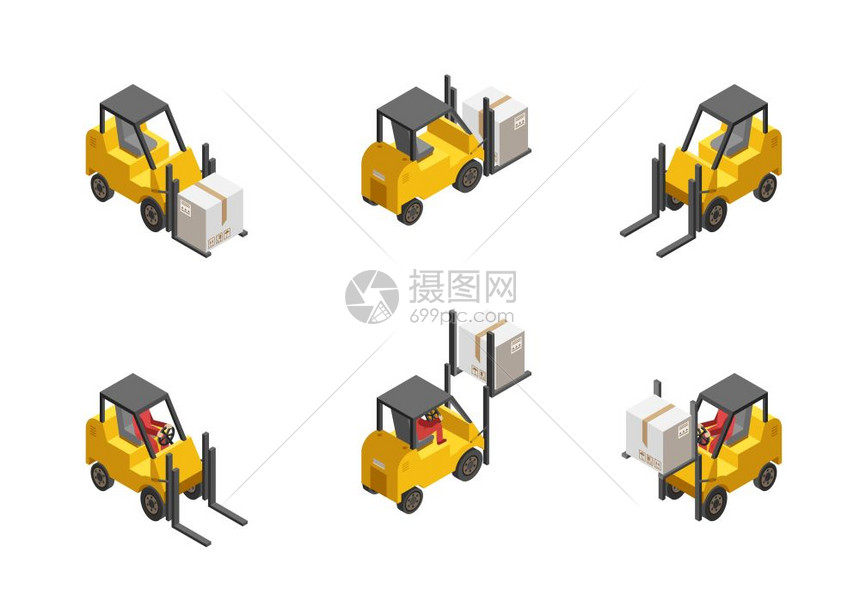 叉车套黄色叉车与盒子隔离白色背景等距矢量插图图片