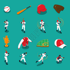 棒球等距图标棒球套等距图标与球员运动装备奖杯绿松石背景孤立矢量插图图片