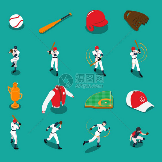 棒球等距图标棒球套等距图标与球员运动装备奖杯绿松石背景孤立矢量插图图片
