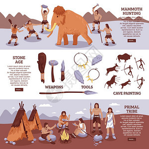原始部落人民横幅原始部落的人水平横幅狩猎工具家庭符号平矢量插图图片