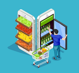 等距的人网上购物男人带着满满车的产品冰箱里出瓶子,以手机的形式蓝色背景下线购物3D等距矢量插图图片