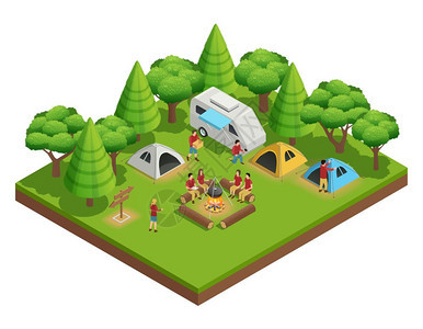 徒步旅行等距成徒步旅行等距成与群人谁树林中露营,并坐篝火旁边的帐篷矢量插图图片