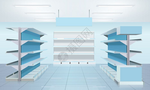空超市货架超市内部构图,三排空白产品小报与反射矢量插图图片