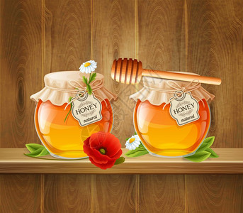 两罐蜂蜜合物彩色明亮的两瓶蜂蜜合物与璃瓶木制架子矢量插图图片