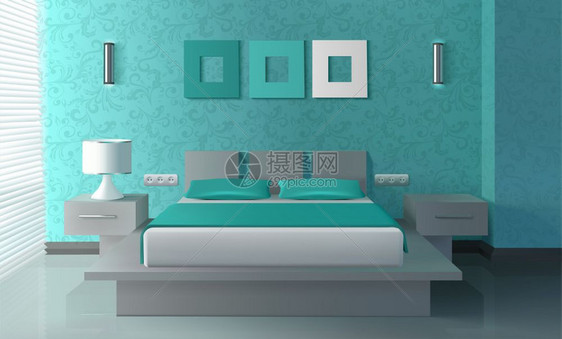 现代卧室内部现代卧室内部与床抽屉灯现实矢量插图图片