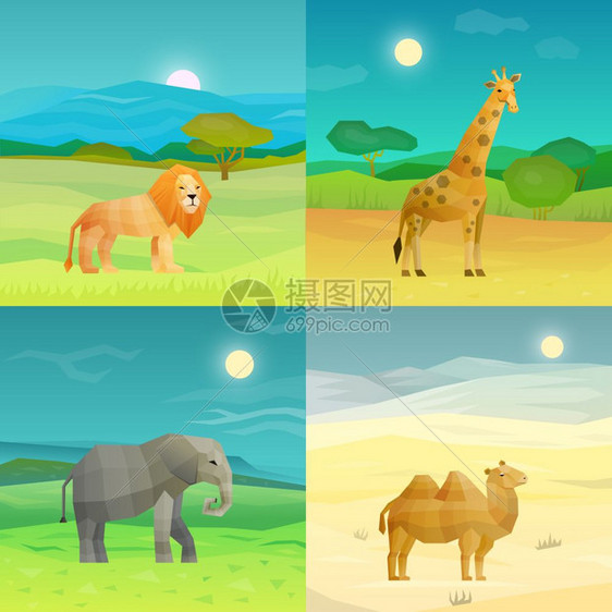 动物背景集多边形非洲动物2x2大象骆驼狮子长颈鹿的自然背景孤立矢量插图图片