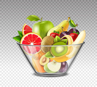 璃碗里的现实水果逼真的水果,包括苹果猕猴桃香蕉草莓李子璃碗透明背景分离矢量插图图片