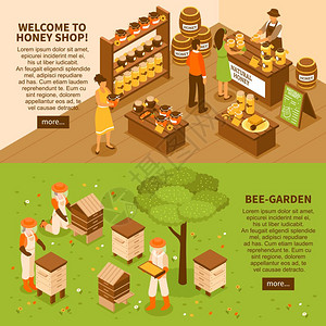 蜂蜜院子等距横幅蜜蜂花园农场与蜂箱天然机蜂蜜商店2水平等距横幅矢量插图图片