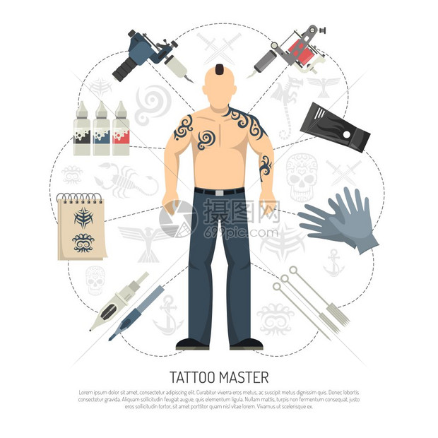纹身工作室的彩色平纹身工作室的与纹身男子工具周围的他矢量插图图片