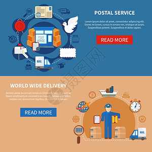 邮政平式横幅水平横幅平风格与圆形构图,包括邮政服务世界范围内的送货孤立矢量插图图片