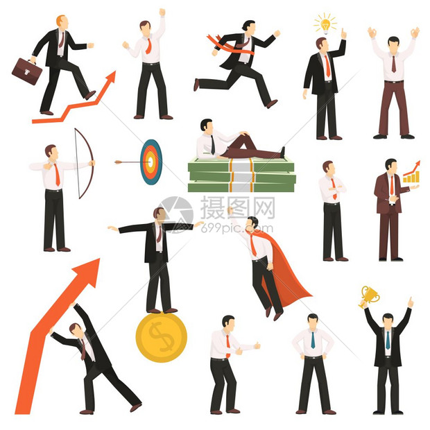 成功的商人平图标收集成功的商人赢家平图标收集目标,货币投资利润符号矢量插图图片