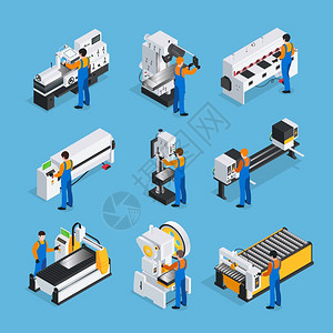 传送金属工人等距图标金属加工人员等距与工厂工人的特点等距图像的工业金属加工机械矢量插图插画