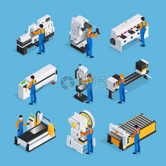 金属工人等距图标金属加工人员等距与工厂工人的特点等距图像的工业金属加工机械矢量插图图片